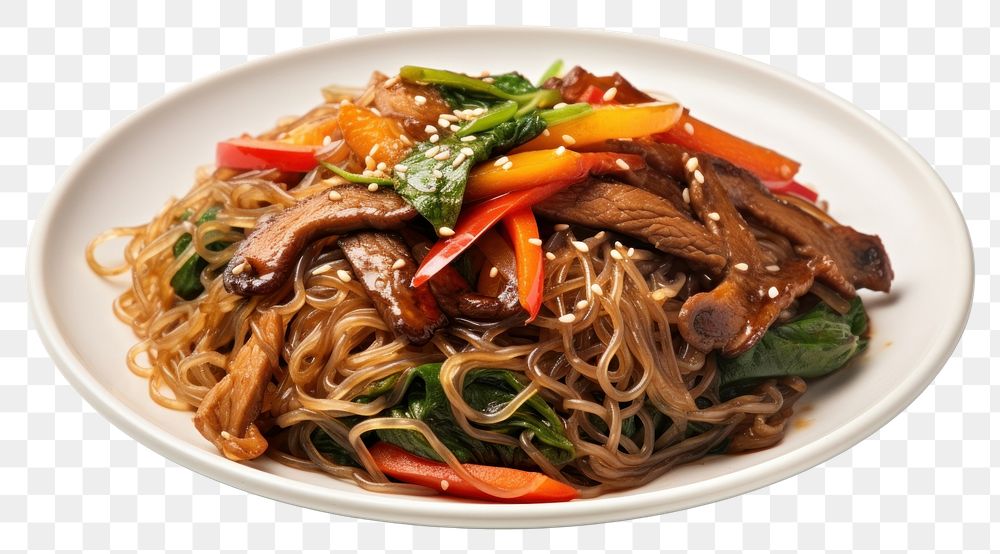 PNG Japchae plate food spaghetti. AI generated Image by rawpixel.