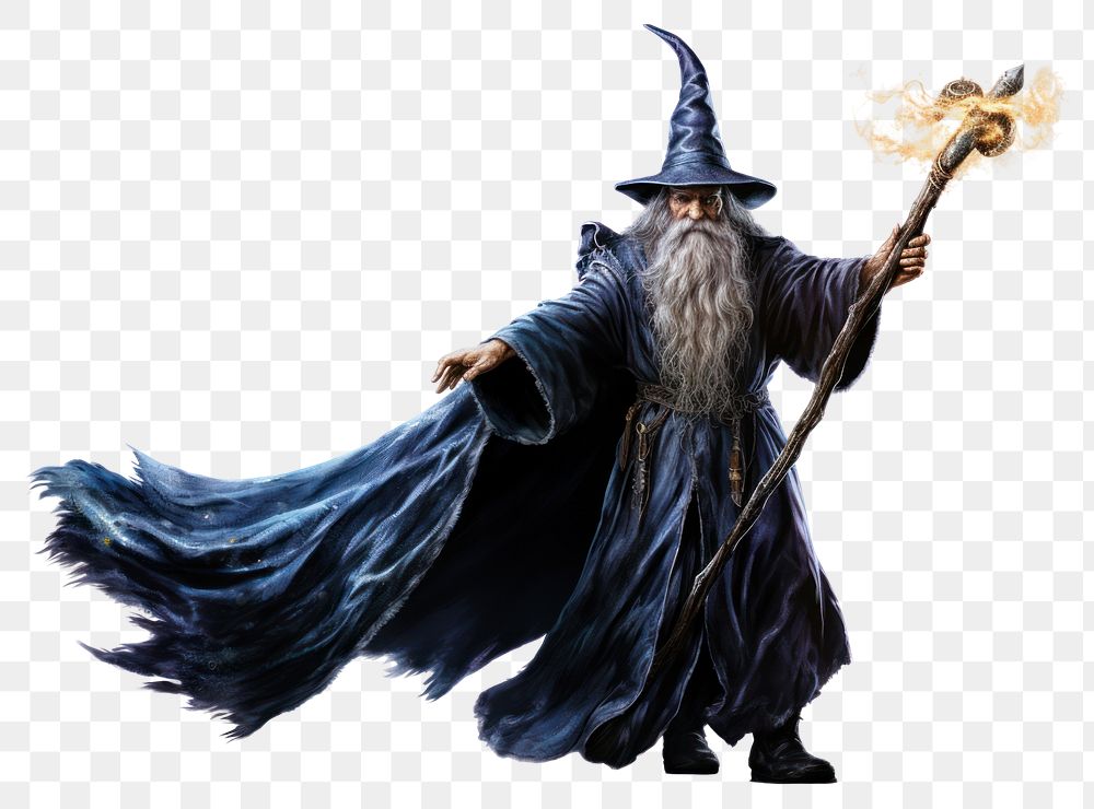 PNG  Wizard holding a magic wand white background headwear clothing