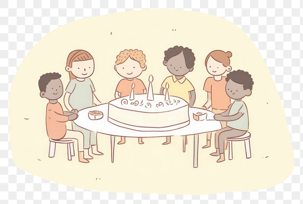 PNG A group of friend enjoy birthday cake together character dessert sketch food. AI generated Image by rawpixel.