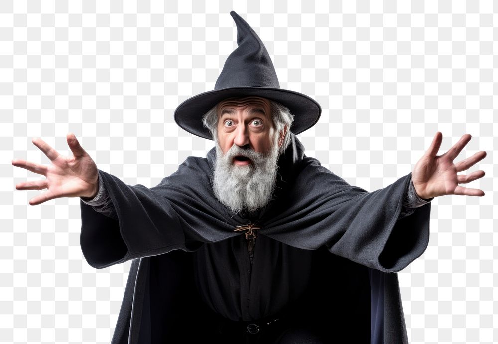 PNG  Grey-haired bearded wizard in a gray cassock and a cap is practicing sorcery portrait adult spirituality. AI generated…