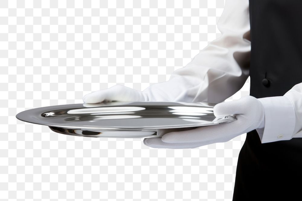 PNG  A man waitress hand is holding up a silver platter adult glove midsection. AI generated Image by rawpixel.