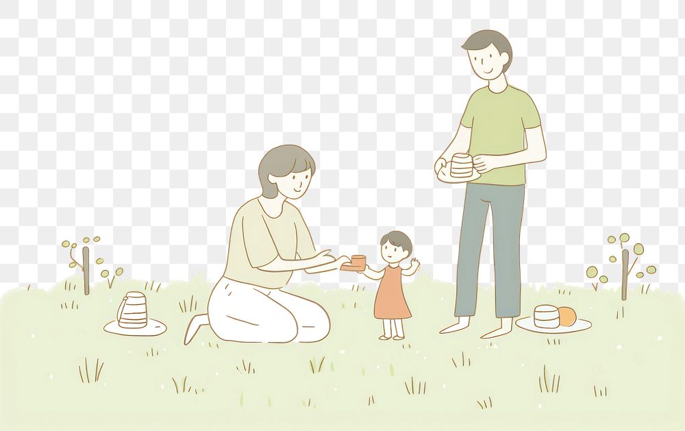 PNG Father and mother and son picnic together character drawing child grass. AI generated Image by rawpixel.