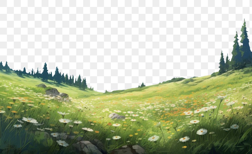 illustration of *scenery mountain meadow*, aesthetic, beautiful, sunny --ar 3:2
