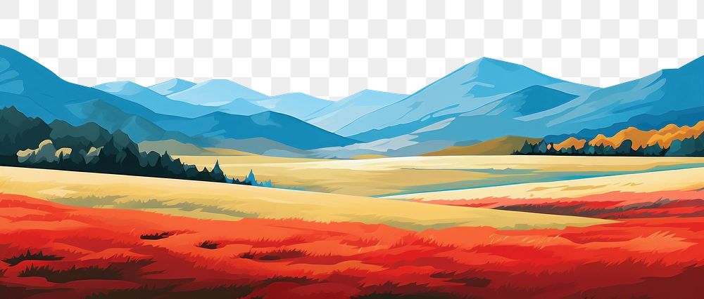 illustration of *scenery simplified mountain meadow*, minimalist landscapes, vibrant color, Acrylic on canvas style --ar 3:2
