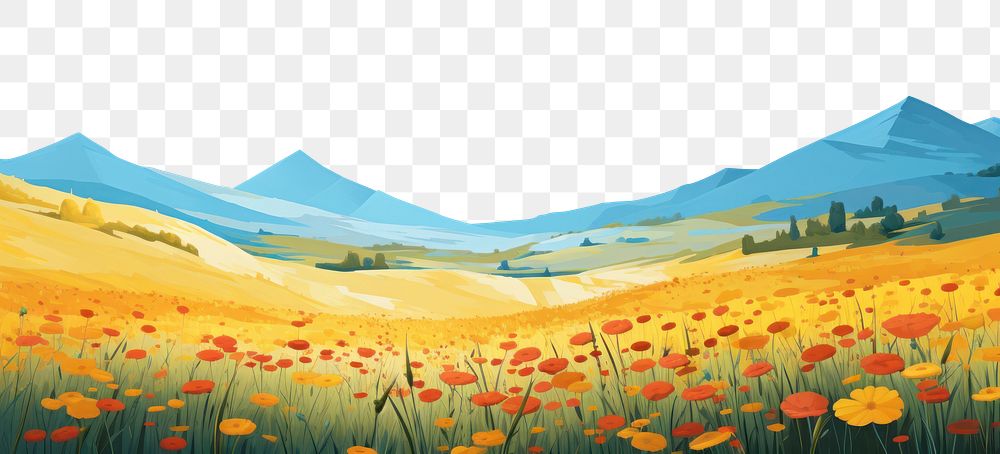 illustration of *scenery simplified mountain meadow*, minimalist landscapes, vibrant color, Acrylic on canvas style --ar 3:2