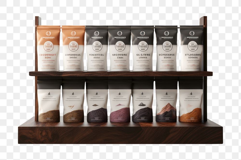 PNG  Espresso pouch coffee minimal mountain package shelf arrangement variation. 