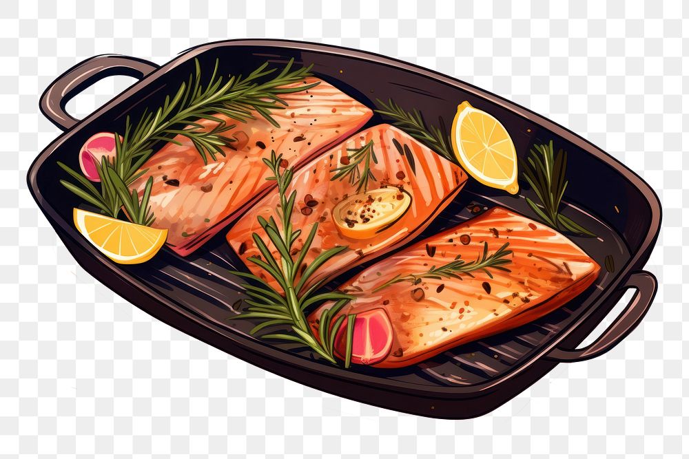 PNG  Grill pan with salmon fish steaks seafood vegetable freshness. AI generated Image by rawpixel.