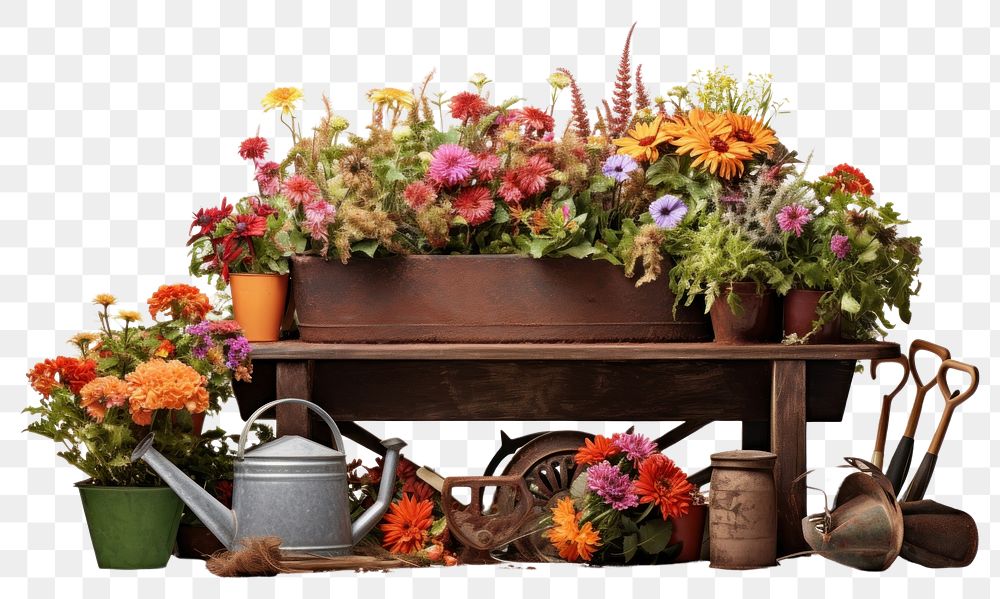 PNG  Flower plant arrangement wheelbarrow. AI generated Image by rawpixel.