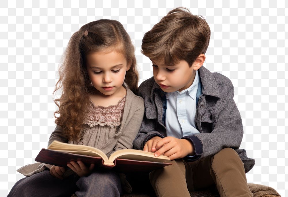 PNG  Boy and girl reading book publication child togetherness. AI generated Image by rawpixel.