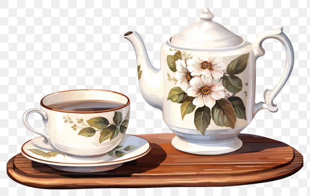 PNG  A pitcher of tea and a white mug on a wooden table porcelain saucer teapot. AI generated Image by rawpixel.