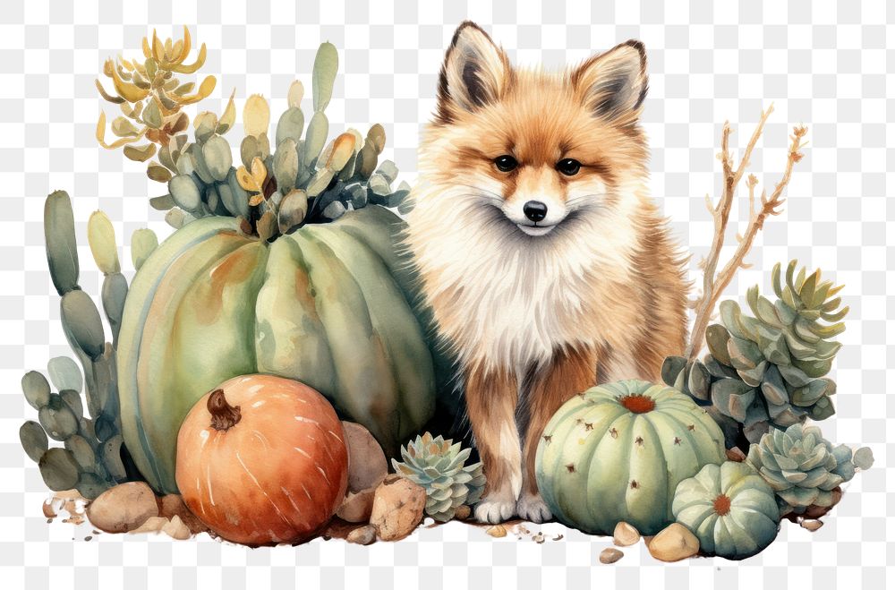 PNG A cute mini cactus pot is placed amidst desert plants with a cute baby fox sitting close to it mammal animal carnivora.…