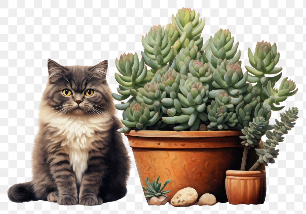 PNG A cute mini cactus pot is placed amidst desert plants with a baby cat sitting beside it mammal animal pet. AI generated…