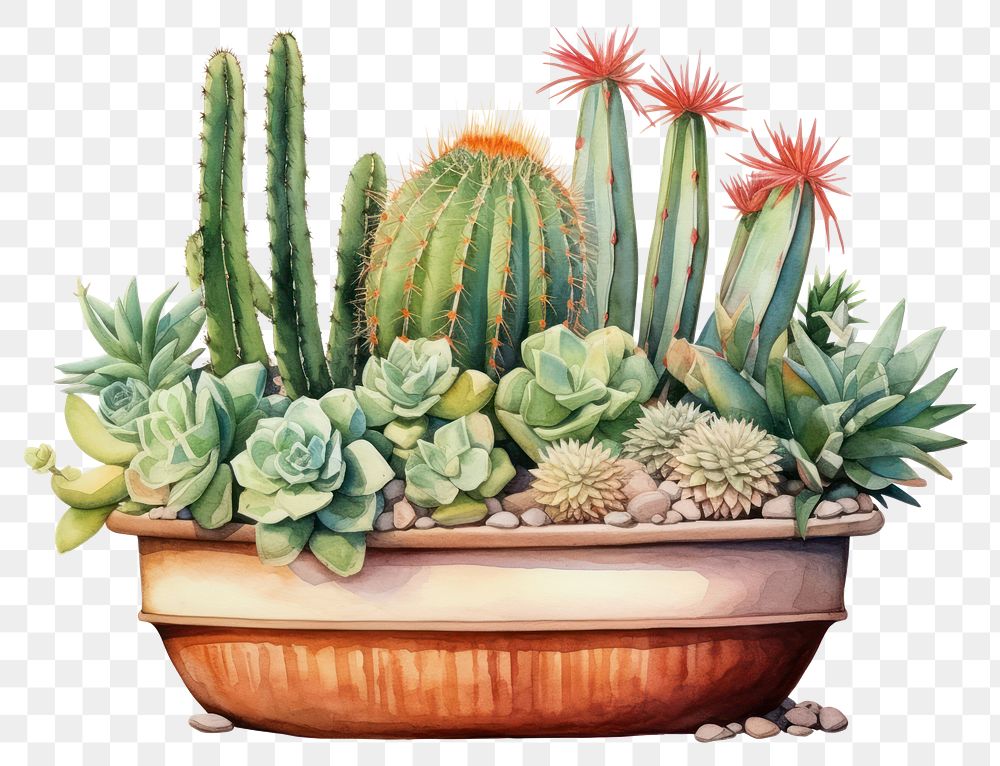 PNG A cute cactus pot is placed amidst desert plants white background houseplant freshness. AI generated Image by rawpixel.