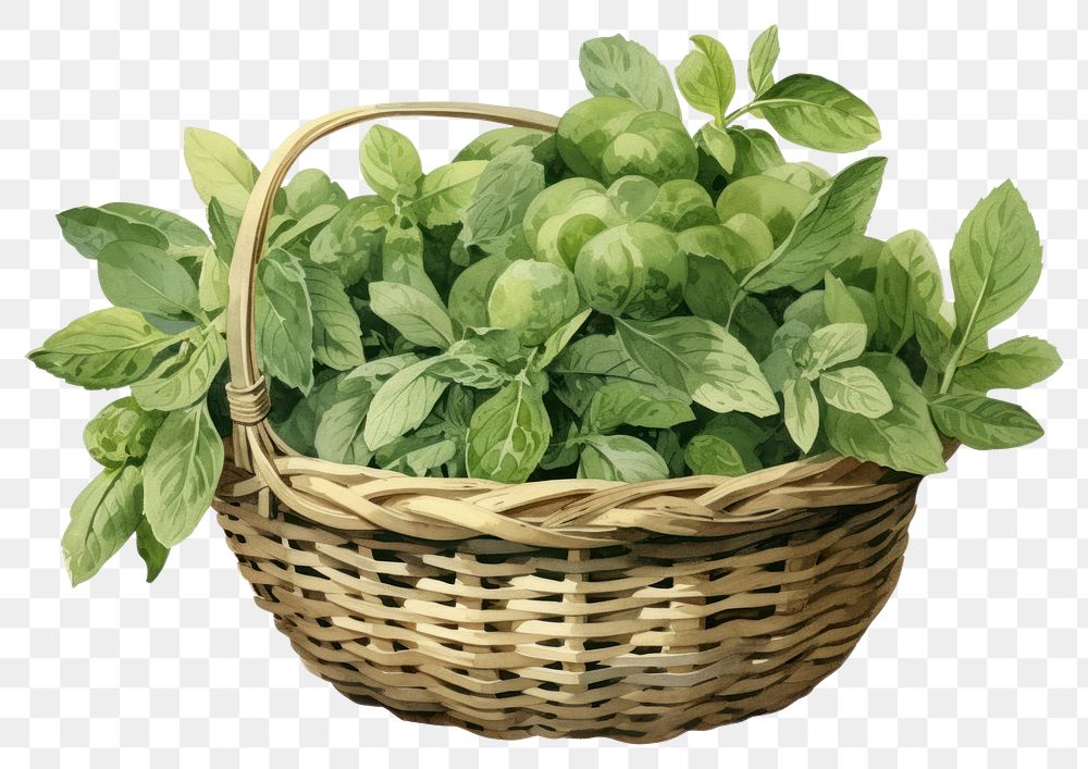 PNG A mini basket filled with green vegetables plant herbs leaf. AI generated Image by rawpixel.