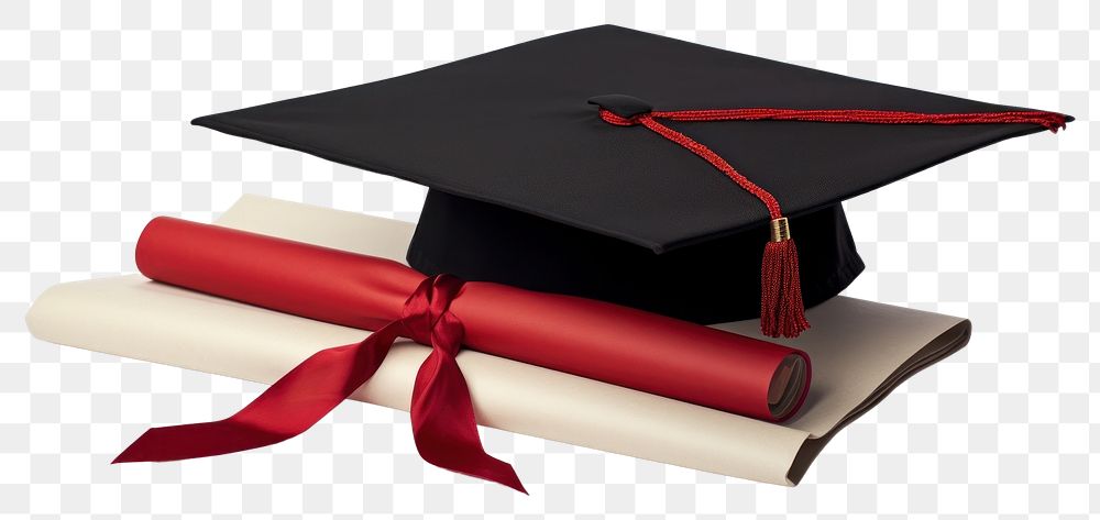 PNG  Graduation Cap with Certificate wrapped with red ribbon graduation certificate text. 