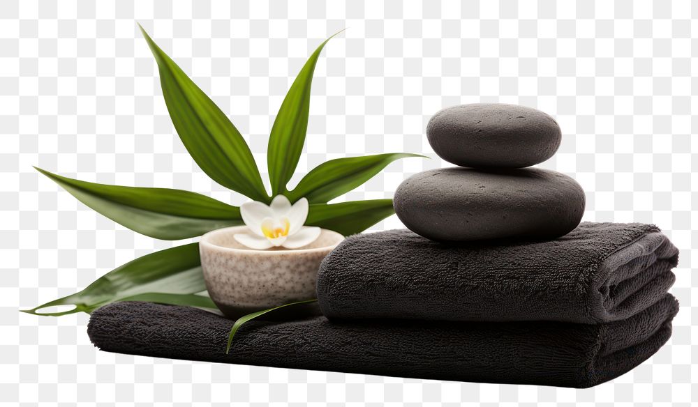 PNG  Spa concept with zen basalt stones and towels plant spa white background. AI generated Image by rawpixel.