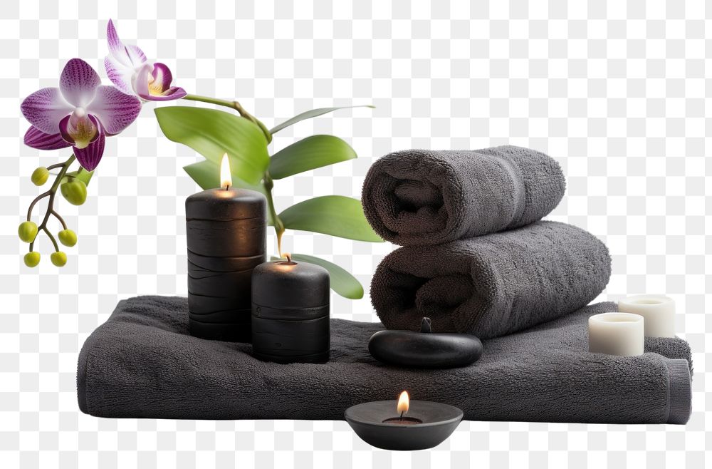 PNG  Spa concept with zen basalt stones and towels candle flower plant. AI generated Image by rawpixel.