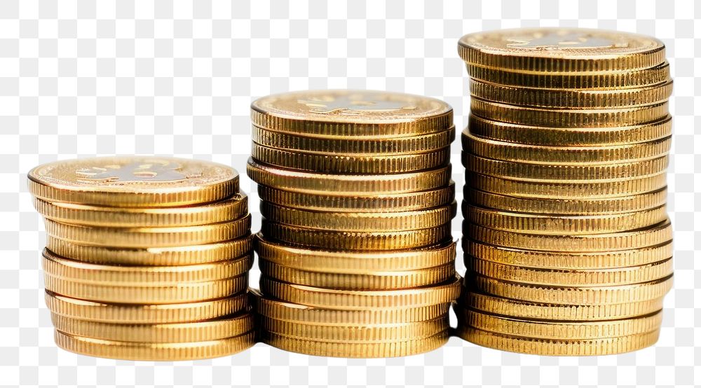 PNG Stack of golden bitcoins money white background investment. 