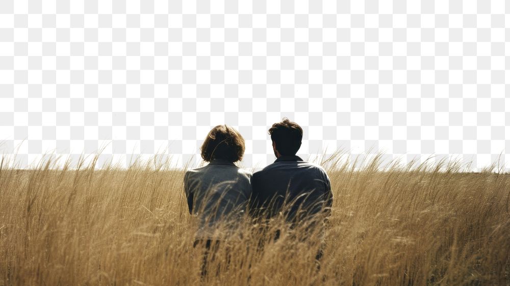 PNG A far away couple sitting on top a grass covered field photography landscape outdoors. AI generated Image by rawpixel.