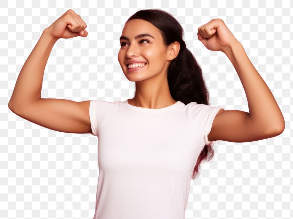 PNG Women flex muscles pose portrait smile adult. AI generated Image by rawpixel.
