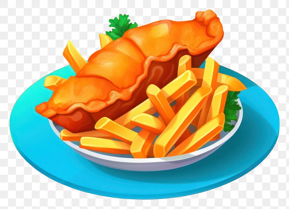 PNG Fish and chips cartoon plate food. AI generated Image by rawpixel.