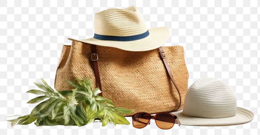 PNG Bag with accessories and beach stuff glasses plant white background. AI generated Image by rawpixel.