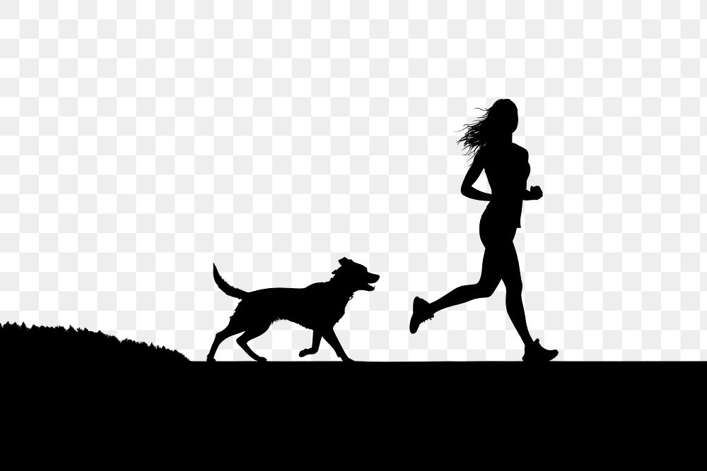 PNG  Woman and dog running backlighting silhouette jogging. AI generated Image by rawpixel.