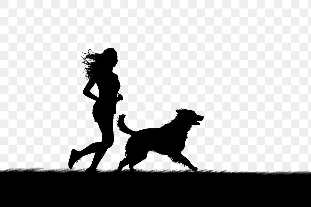 PNG  Woman running dog backlighting silhouette. AI generated Image by rawpixel.