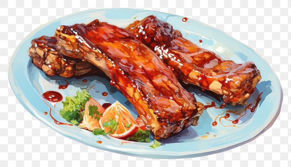 PNG Barbeque on a dish meat food ribs. AI generated Image by rawpixel.