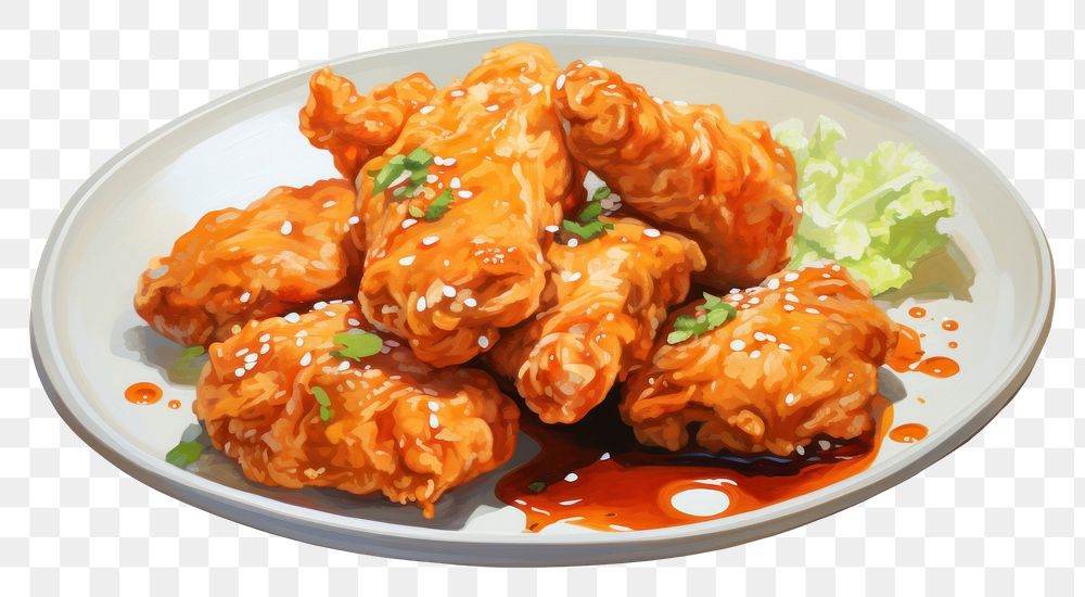 PNG Korea fried chicken coating sweet sauce plate food vegetable. AI generated Image by rawpixel.