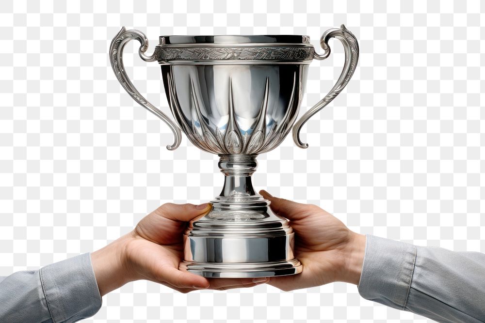 PNG Silver trophy holding hand achievement. AI generated Image by rawpixel.