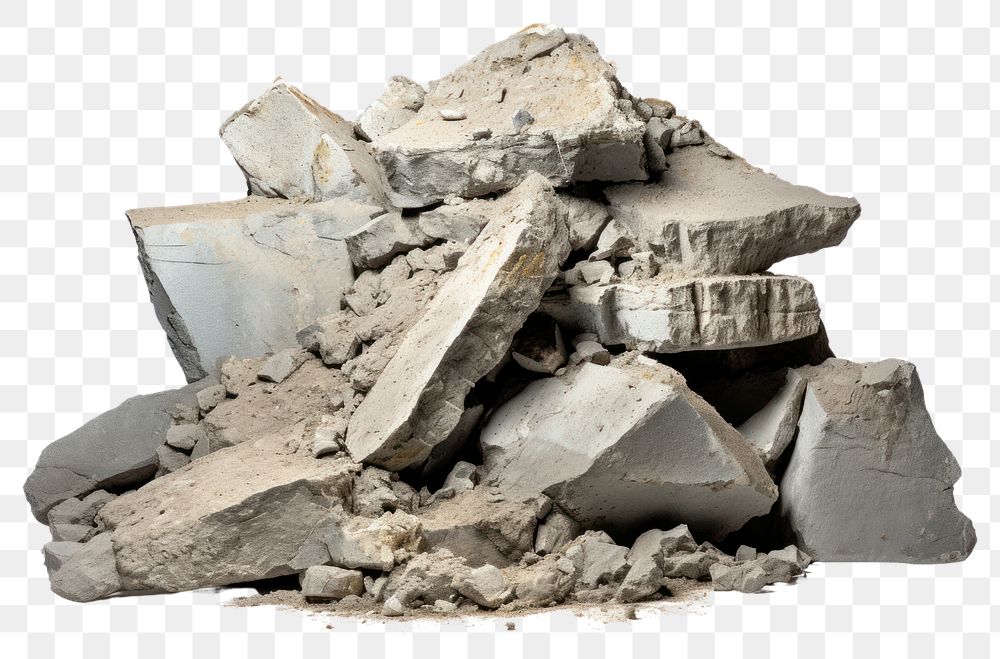 PNG  Pile of broken concrete rubble rock white background. AI generated Image by rawpixel.