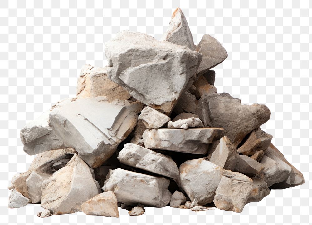 PNG  Pile of broken stone rubble rock white background. AI generated Image by rawpixel.