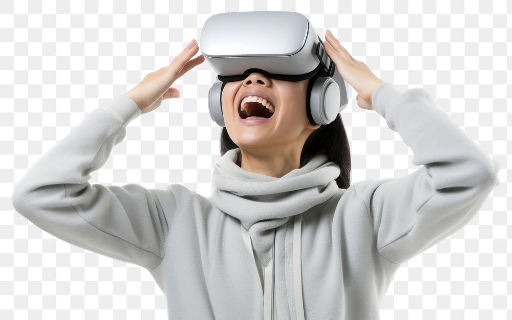 PNG Woman experiencing VR portrait shouting smiling. AI generated Image by rawpixel.