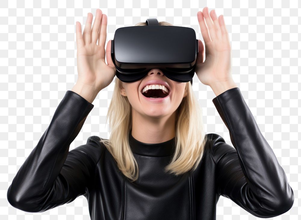 PNG Woman experiencing VR portrait smiling photo. AI generated Image by rawpixel.