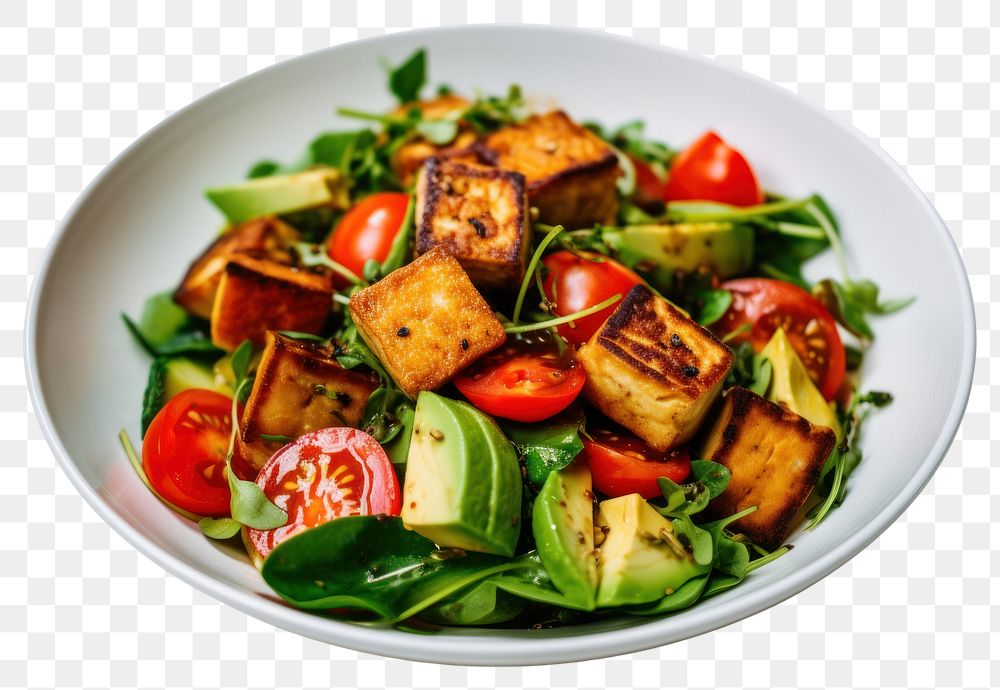PNG  Crispy tofu salad vegetable plate plant. AI generated Image by rawpixel.