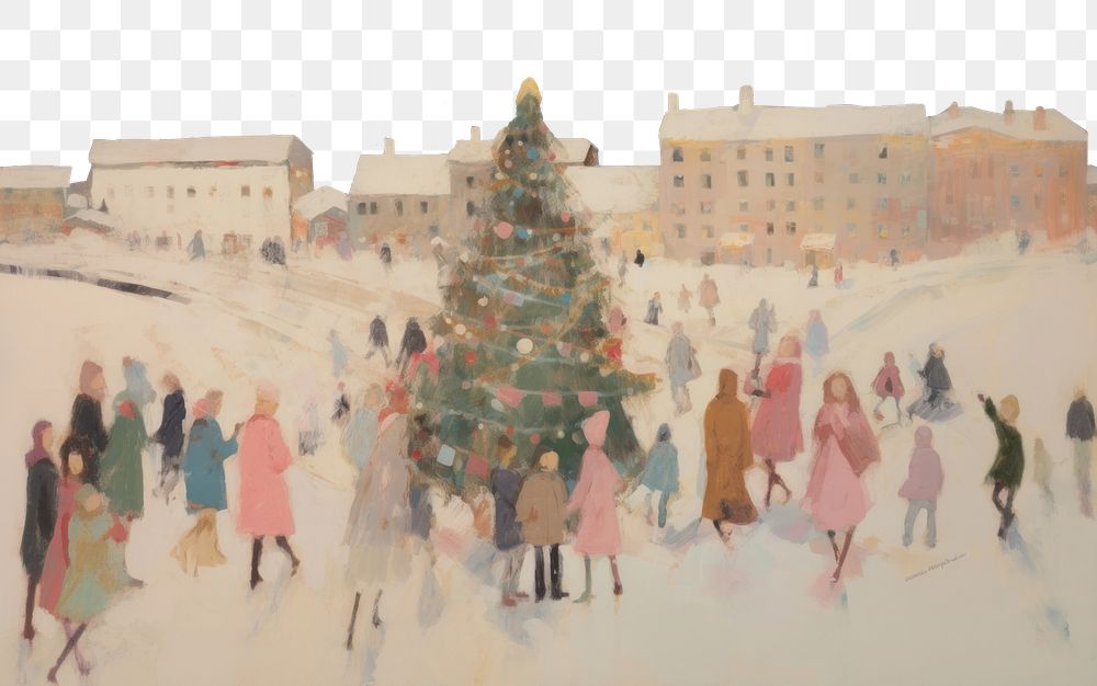 PNG  Christmas tree in town a lot of people architecture painting outdoors. AI generated Image by rawpixel.