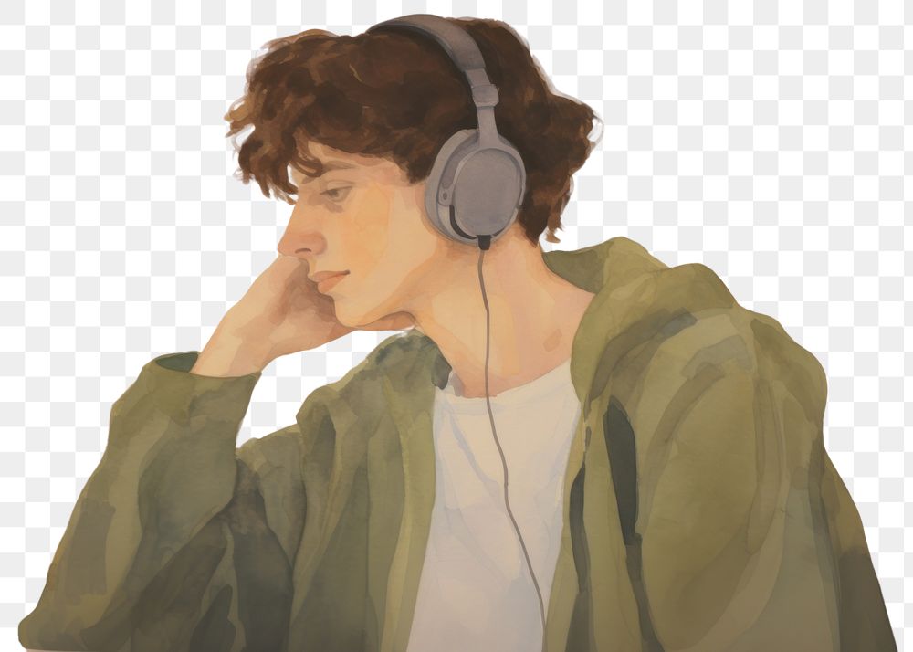 PNG  Man listen to music in the cafe painting art headphones. AI generated Image by rawpixel.