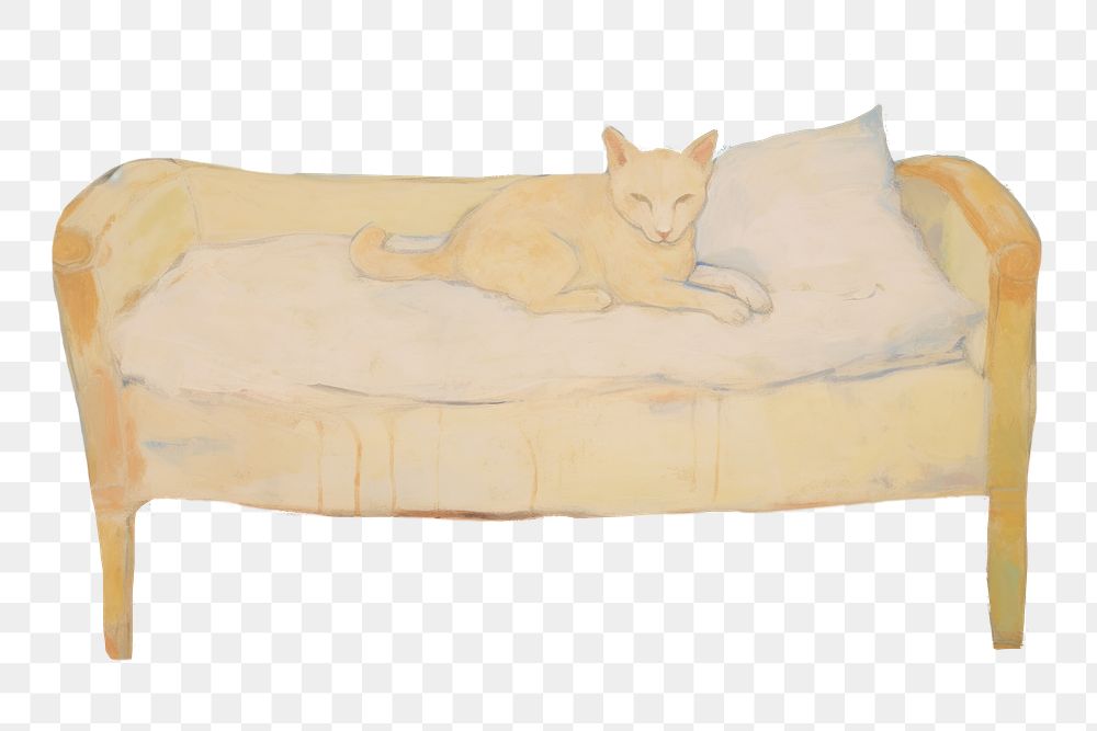PNG  Cat sitting in blue bed painting art furniture. AI generated Image by rawpixel.