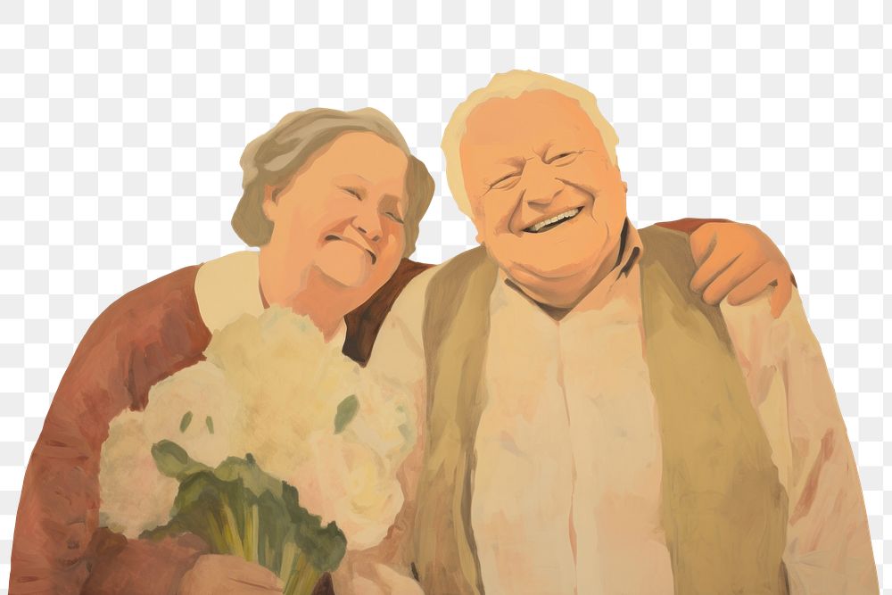 PNG  Chubby old woman holding flowers with chubby old man painting art adult. AI generated Image by rawpixel.