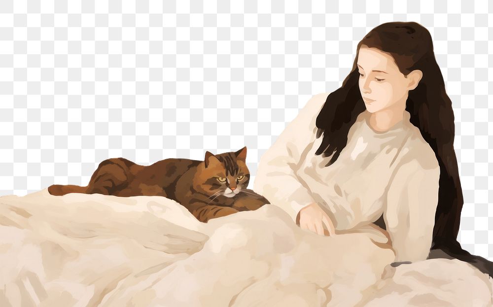 PNG  Girl and cat sitting in brown bed painting blanket mammal. AI generated Image by rawpixel.