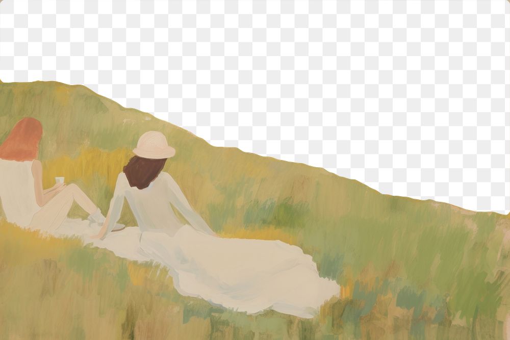 PNG  Women picnic on a grass hills painting art adult. AI generated Image by rawpixel.
