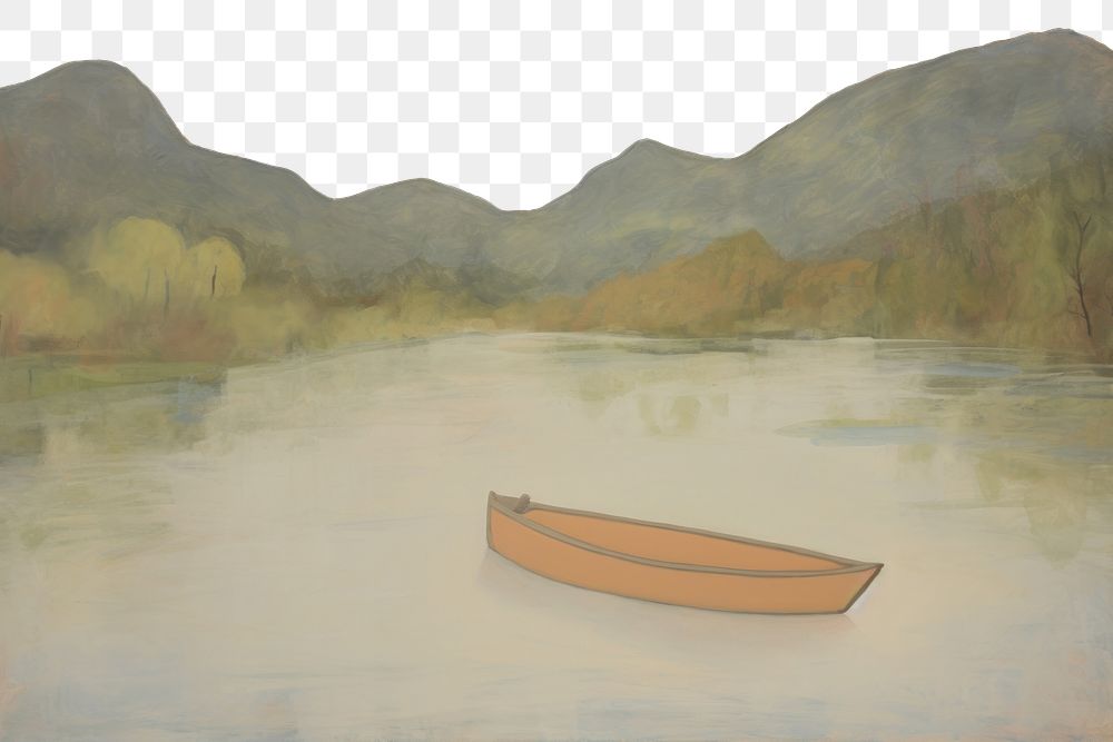 PNG  Boat on a lake in the hilly forest painting watercraft vehicle. AI generated Image by rawpixel.
