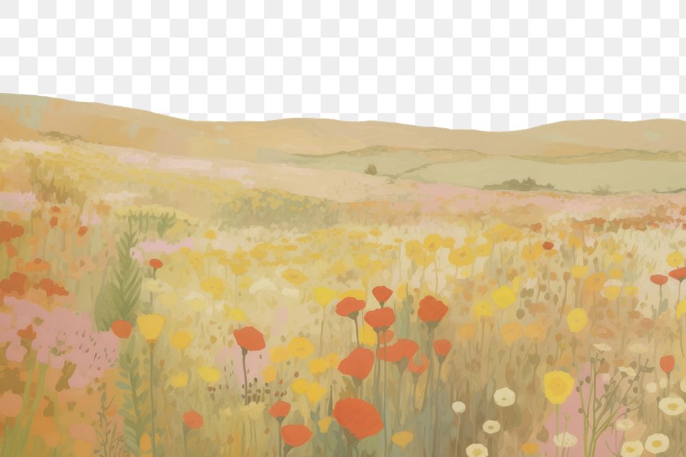 PNG  Flower field view painting backgrounds landscape. AI generated Image by rawpixel.