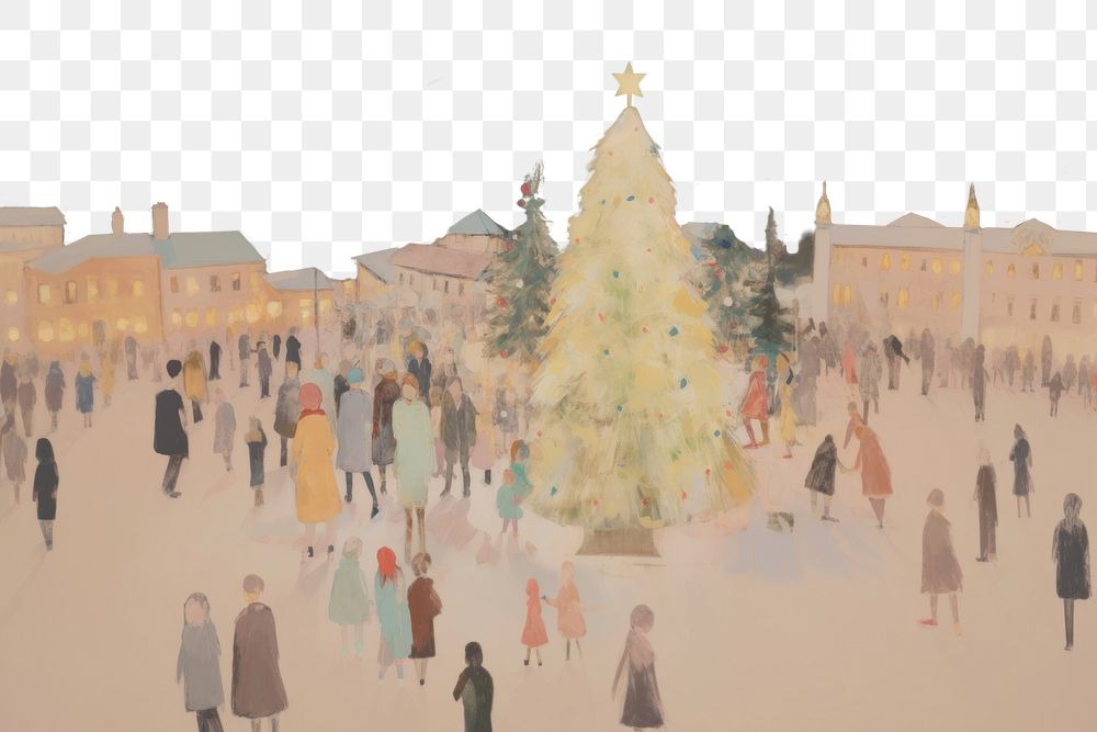PNG  Christmas tree in town a lot of people painting architecture celebration. AI generated Image by rawpixel.