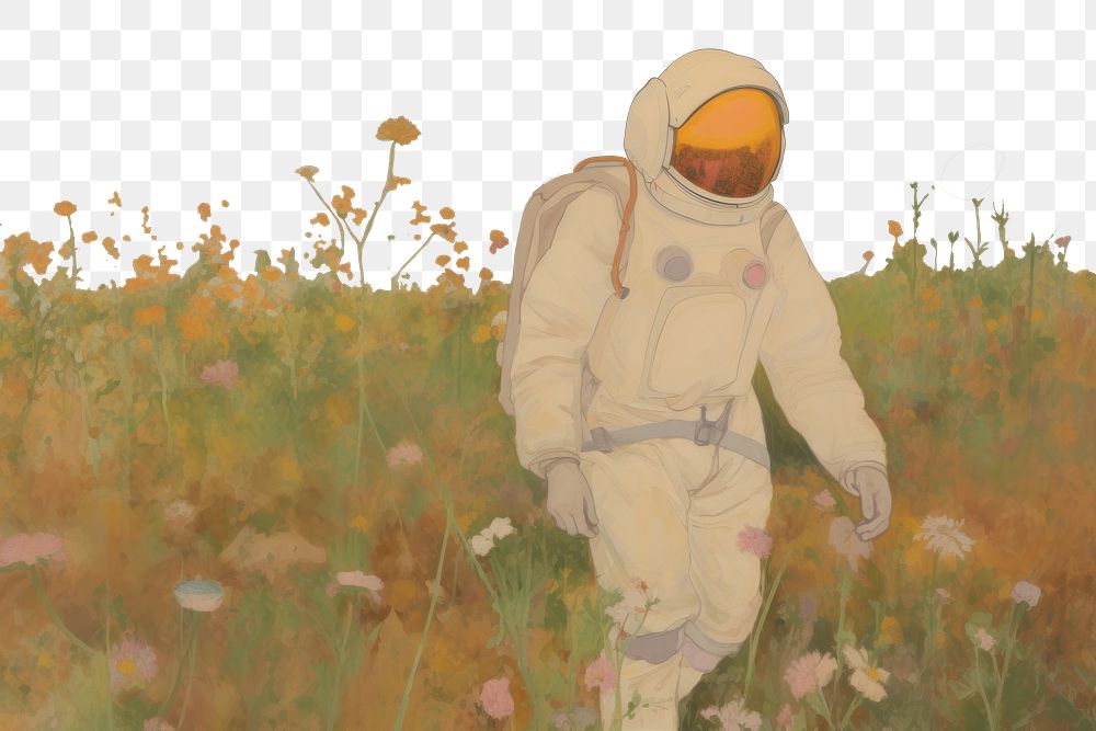 PNG  Astronaut in the flower field painting outdoors nature. AI generated Image by rawpixel.