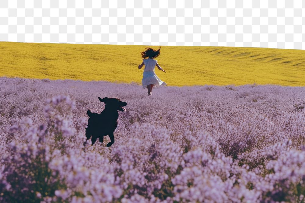 PNG A happy girl run floating with a dog flower landscape outdoors. AI generated Image by rawpixel.