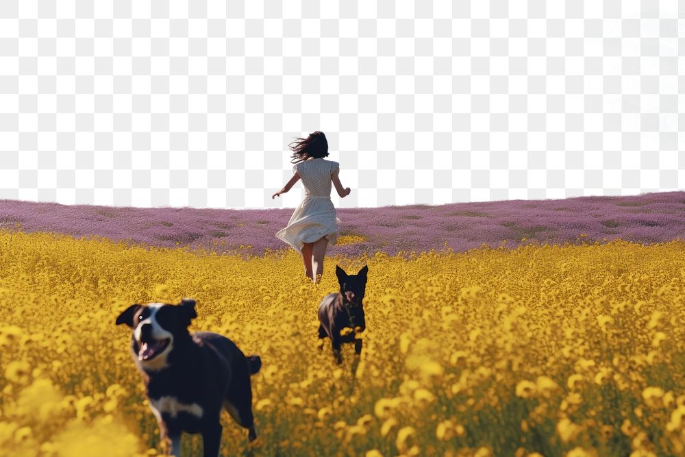 PNG A happy girl run floating with a dog landscape flower mammal. AI generated Image by rawpixel.