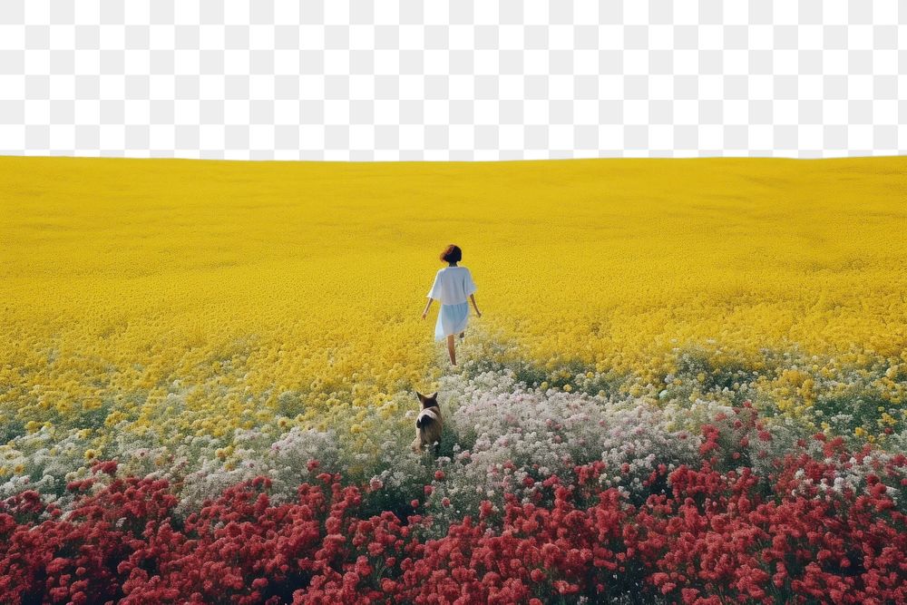 PNG A happy girl run floating with a dog landscape flower field. 