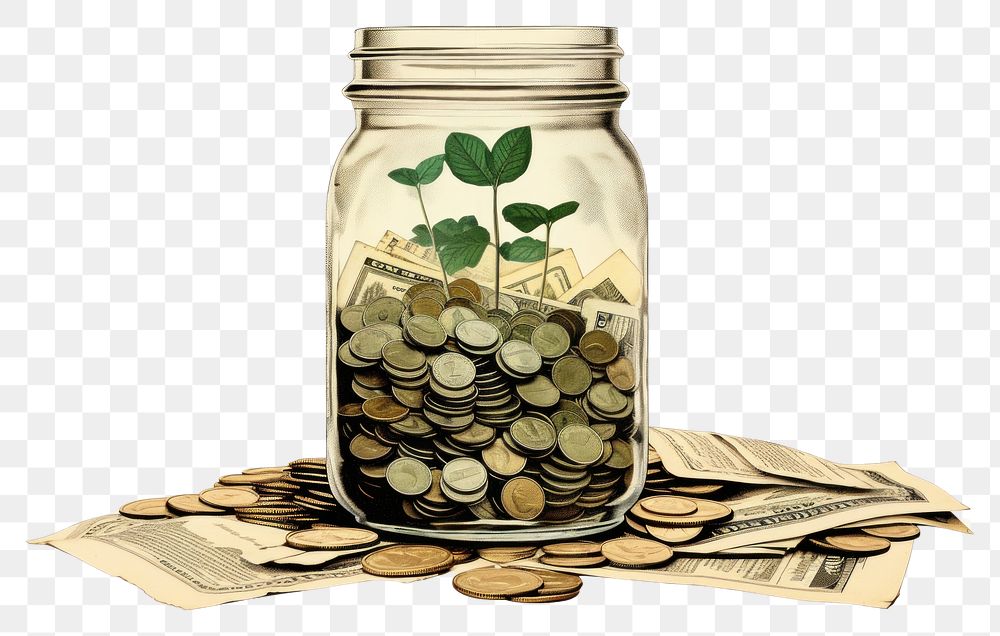 PNG A glass jar filled with coins and a plant money herb investment. AI generated Image by rawpixel.